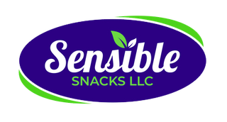Sensible Snacks LLC logo: white text on a purple oval, green outline and leaf icon.
