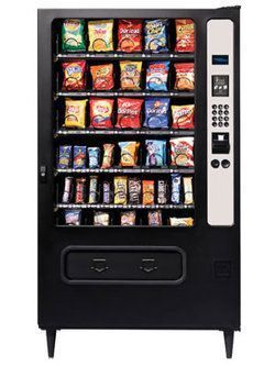 Black vending machine filled with chips and candy.