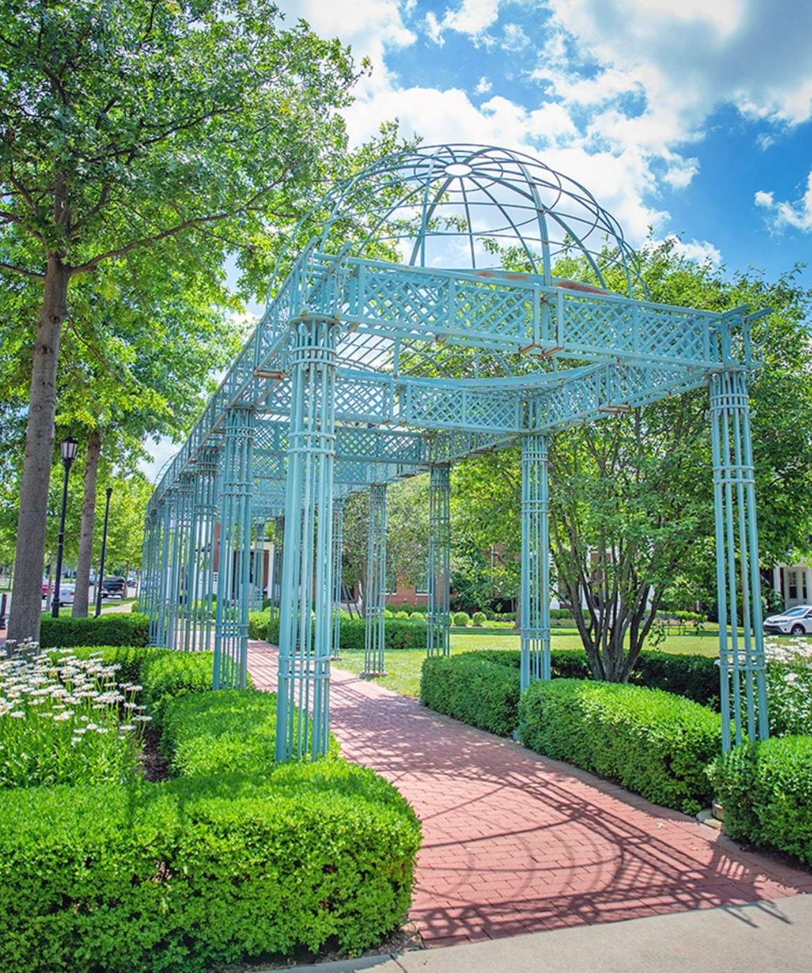 Green metal pergola with a red brick path, surrounded by bushes, under a blue sky.