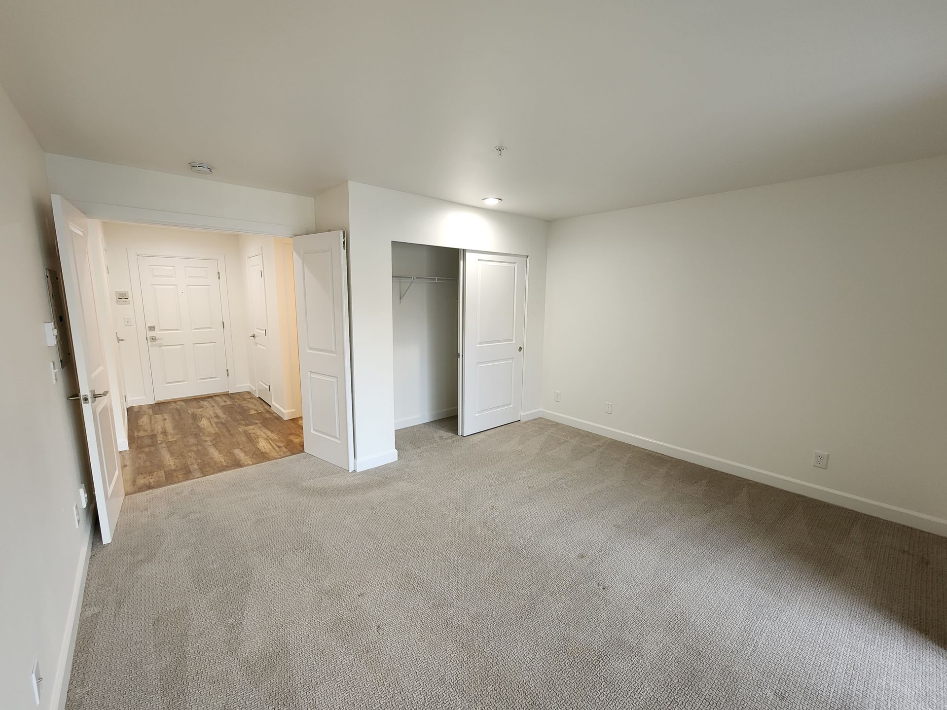 Empty bedroom with carpet, closet, and doorway to another room with hardwood floors.