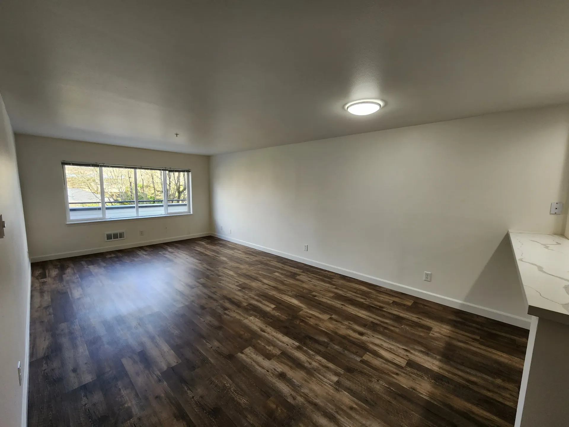 Empty living room with wood-look flooring, white walls, and a window overlooking trees.