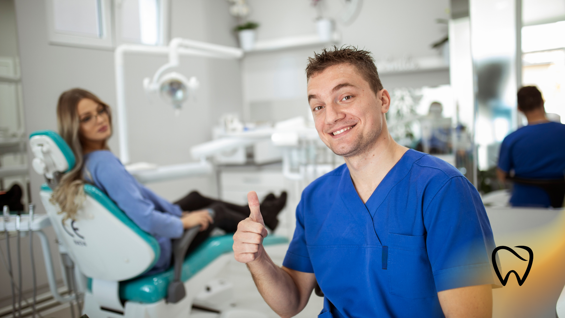 Dentist giving thumbs up in dental office; patient in chair.