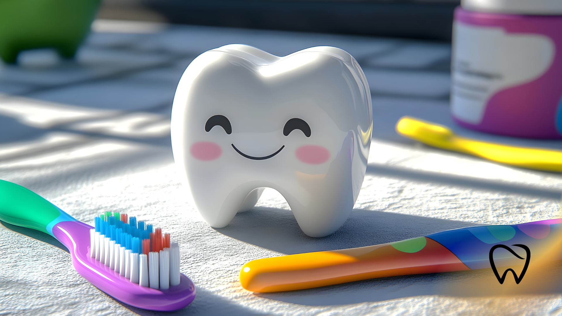 Happy cartoon tooth with two toothbrushes and toothpaste.