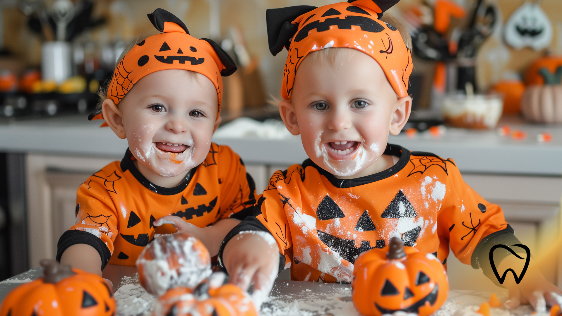 Two toddlers in pumpkin costumes, covered in flour, smiling, and surrounded by pumpkins.