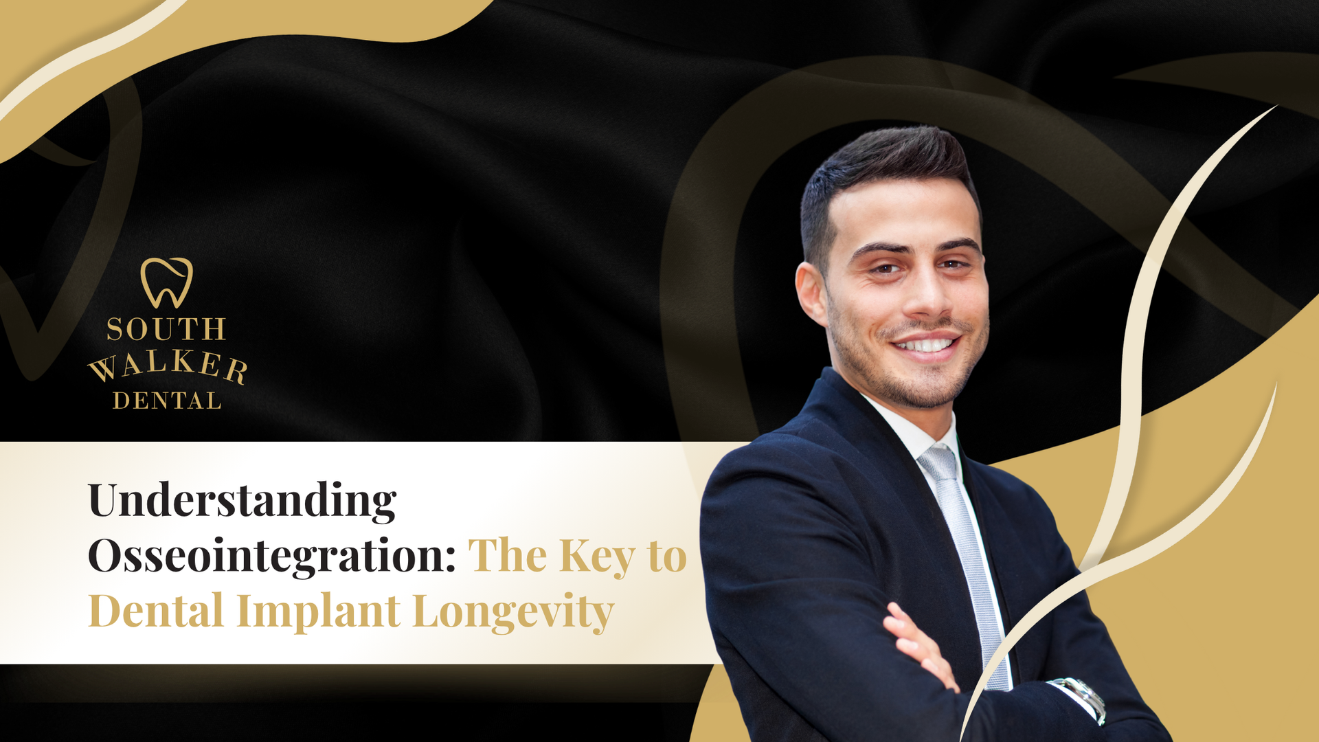 A man in a suit smiles in front of a banner about dental implant longevity.