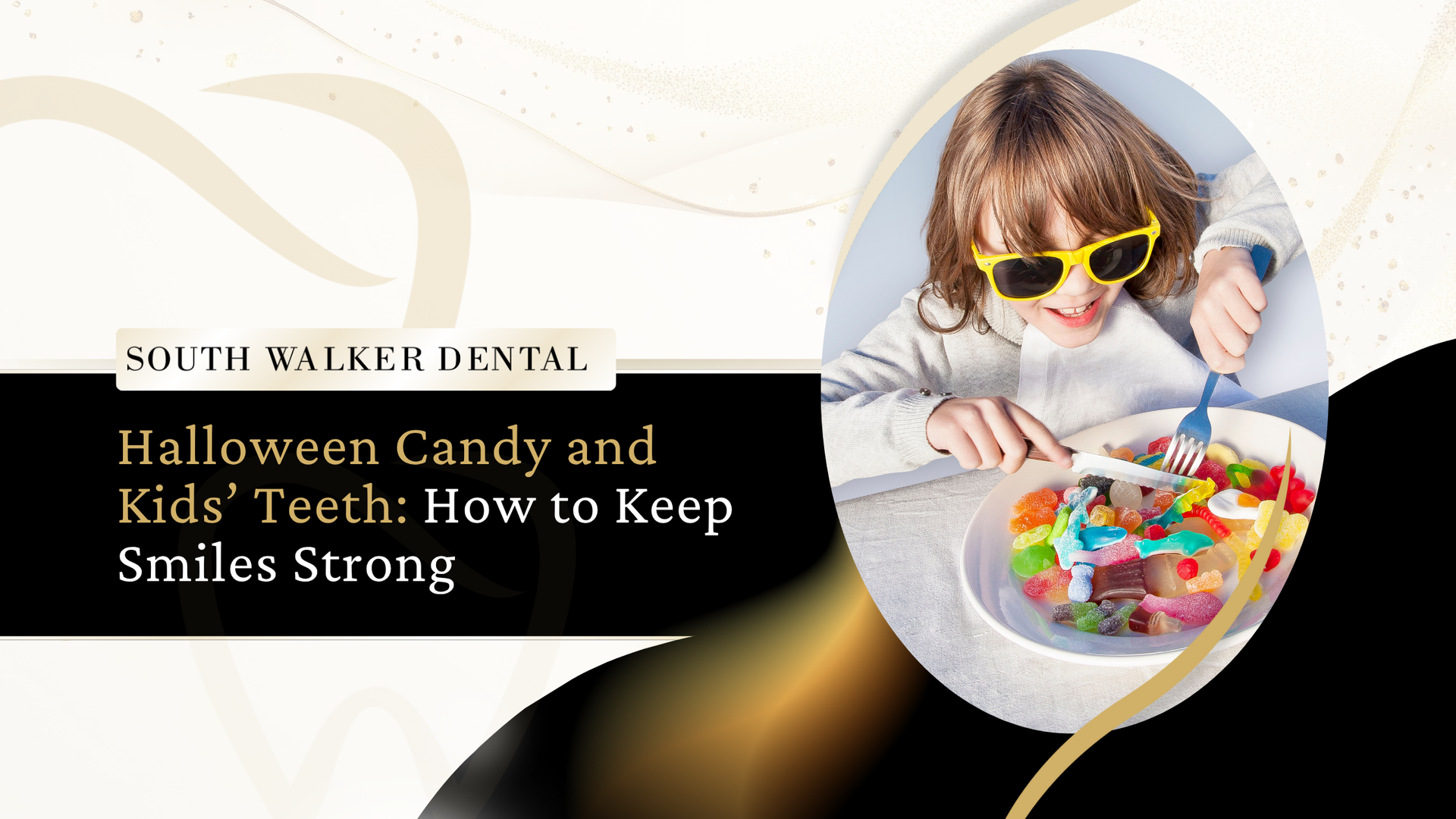A child wearing sunglasses eats candy from a bowl. Text reads
