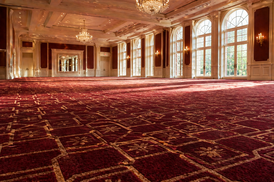 Elegant ballroom with red patterned carpet, chandeliers, and tall arched windows letting in sunlight