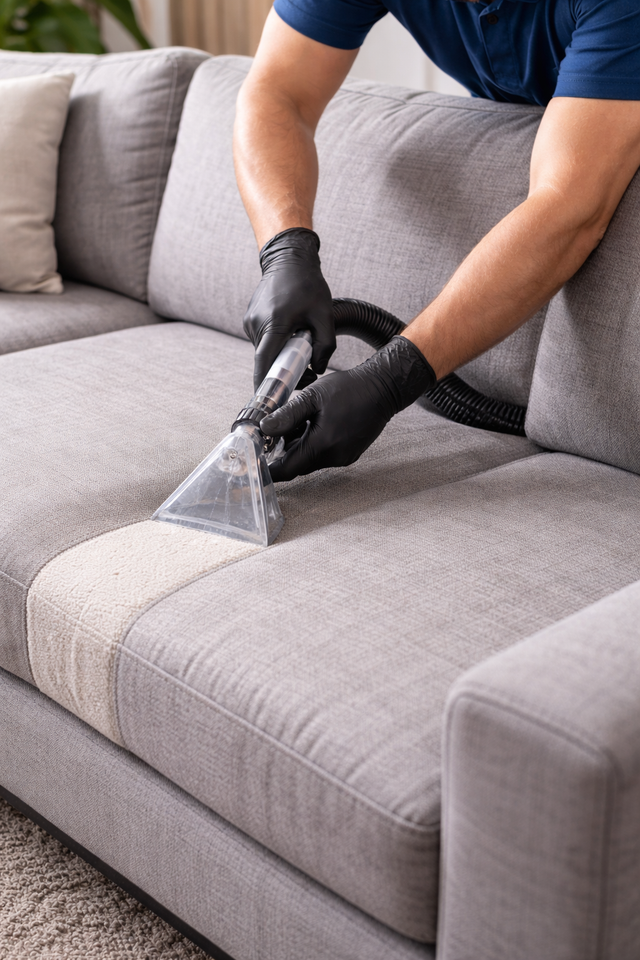 Person cleaning a gray sofa with a handheld upholstery cleaner