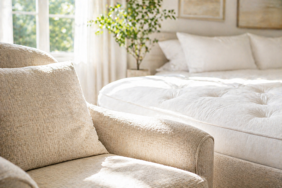 Cozy beige armchair beside a tufted bed in a sunlit bedroom with soft cream decor