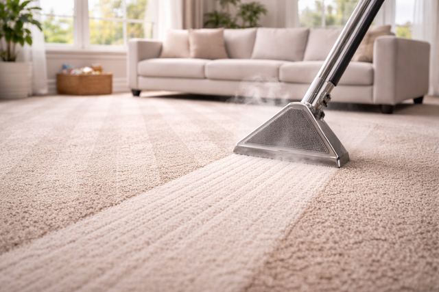 Vacuum cleaner head cleaning a beige carpet in a bright living room