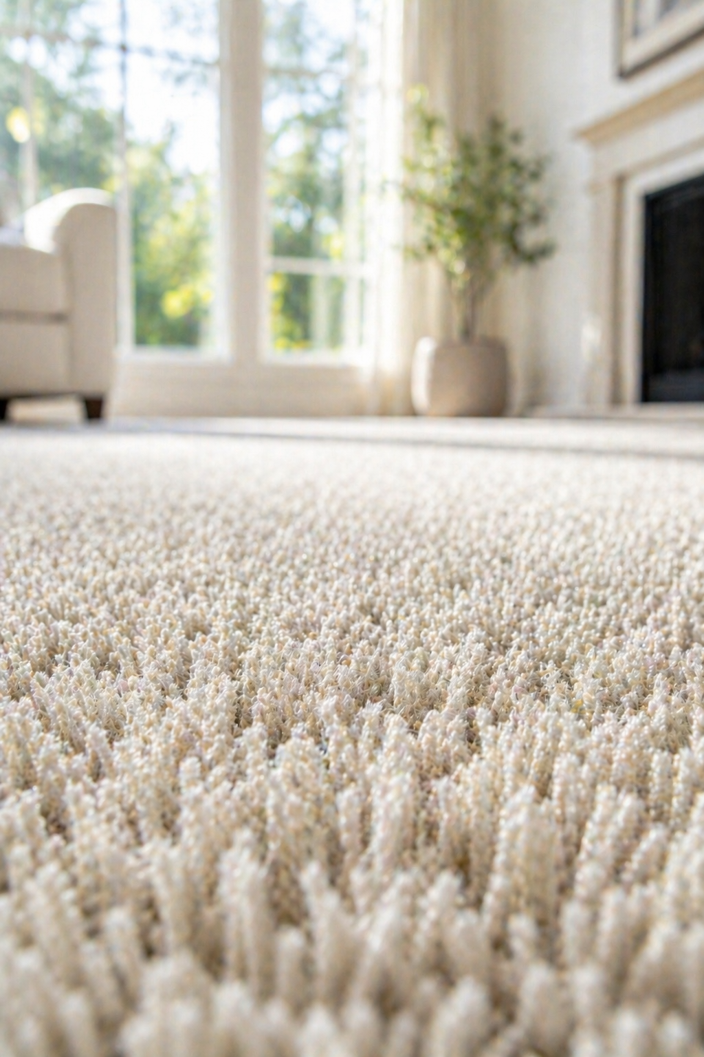 Close-up of a cream shag carpet in a bright living room with windows and a fireplace in the background
