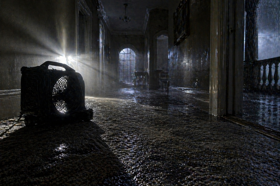 Dark flooded hallway with light streaming through arches and a trash bin in the foreground
