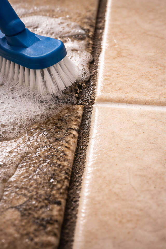 Blue scrub brush cleaning dirty grout between beige floor tiles