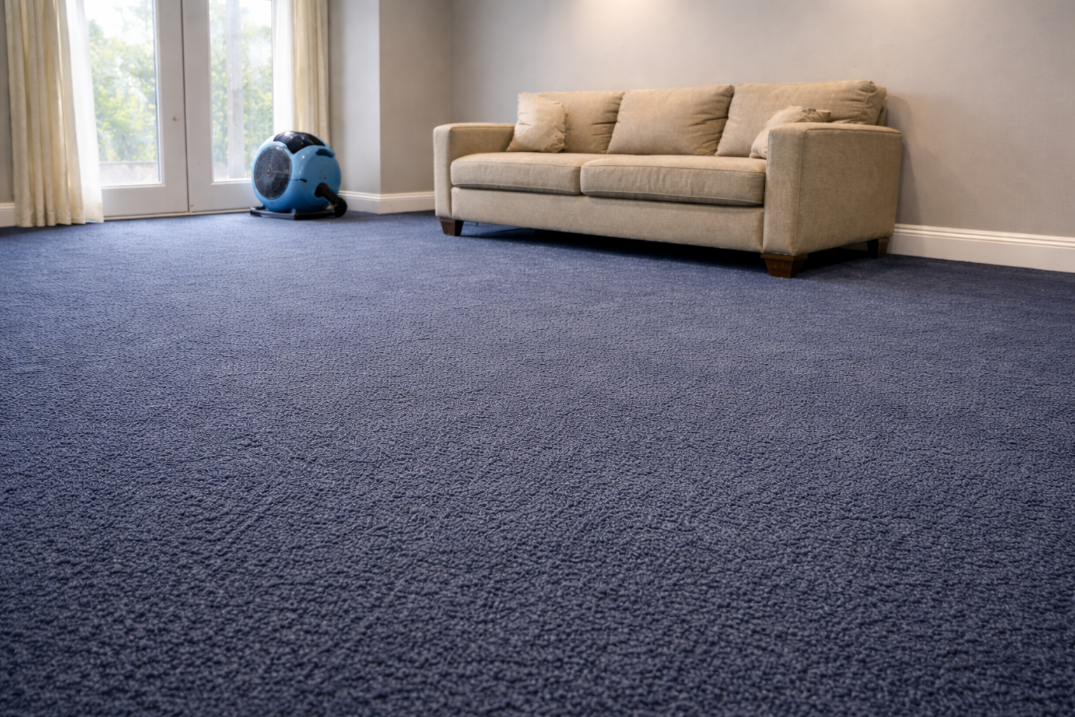 Empty living room with blue carpet, beige sofa, and a blue toy near the window.