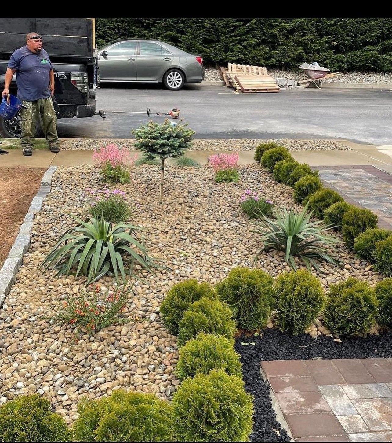 A man is standing in a garden with a car parked in the background.