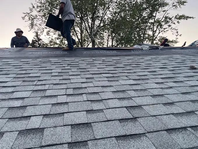 A man is standing on top of a roof holding a bucket.