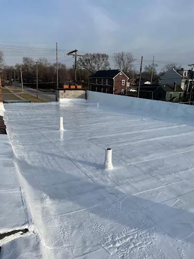 A roof with a white coating on it is covered in snow.