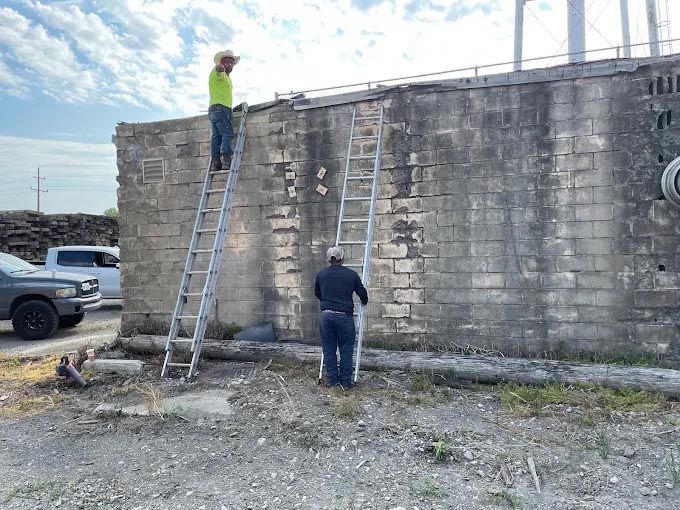 A man is standing on a ladder on top of a brick wall.