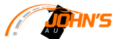 John's Auto logo with an orange curved road design and orange text on a black background.