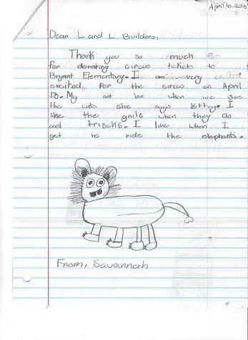 Thank You Letter From Savannah — Sioux City, IA — L & L Builders Co.