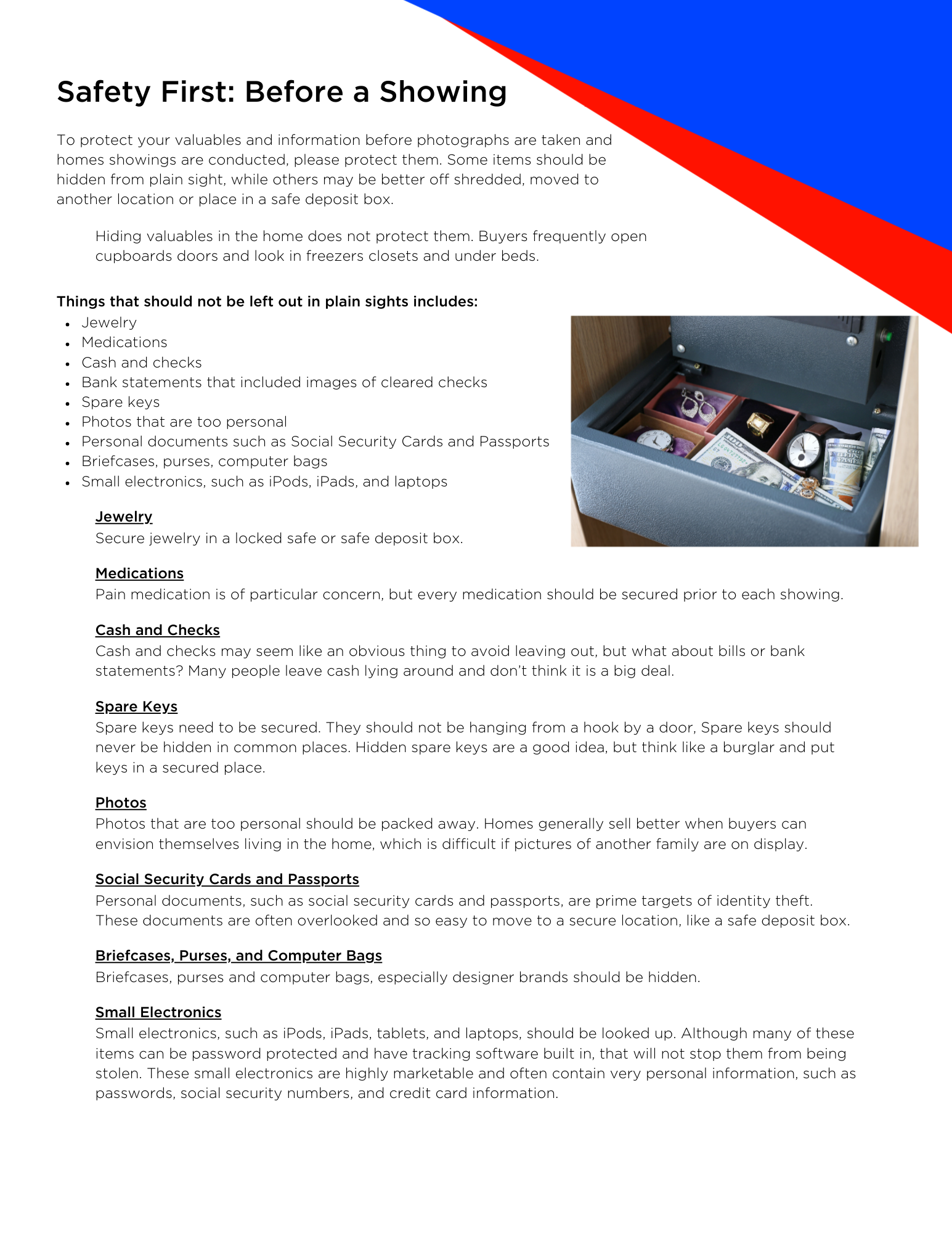 Safety tips for real estate showings, with an open safe containing valuables.