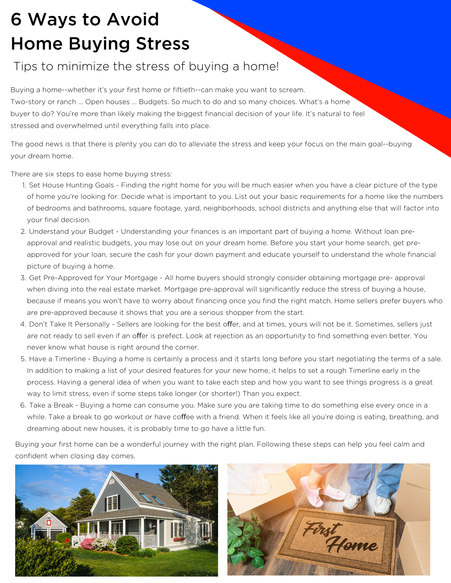 Infographic: 6 ways to avoid home-buying stress, with house photo and a welcome mat image.