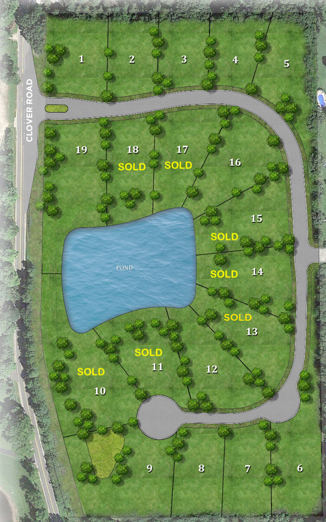 Subdivision map with numbered lots, a lake, and a road. 