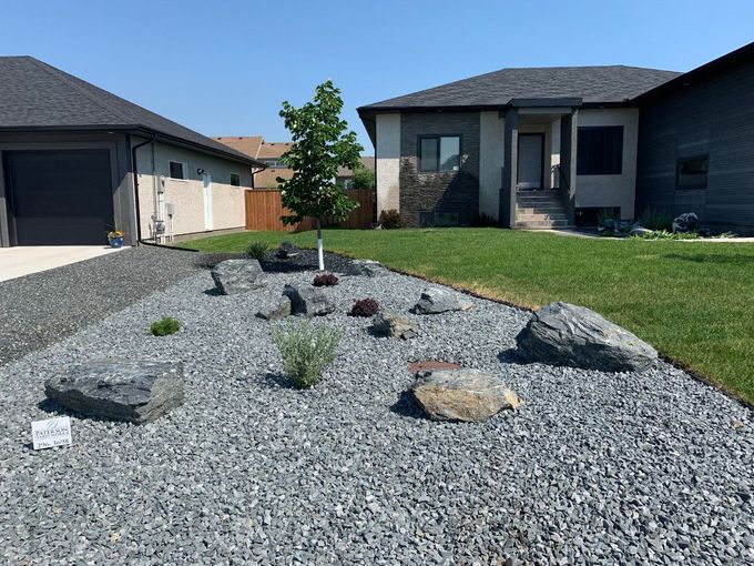 A landscaped front yard featuring grey gravel, several large decorative rocks, and a small tree beside two suburban houses.