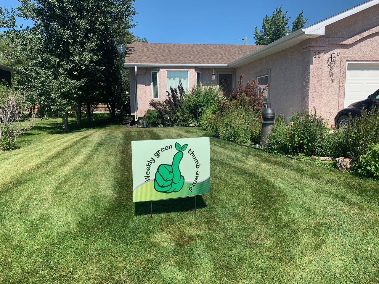 A hand holds a hose, spraying water on a stack of rolled turf laid out on a patio near a fence and a small tree.