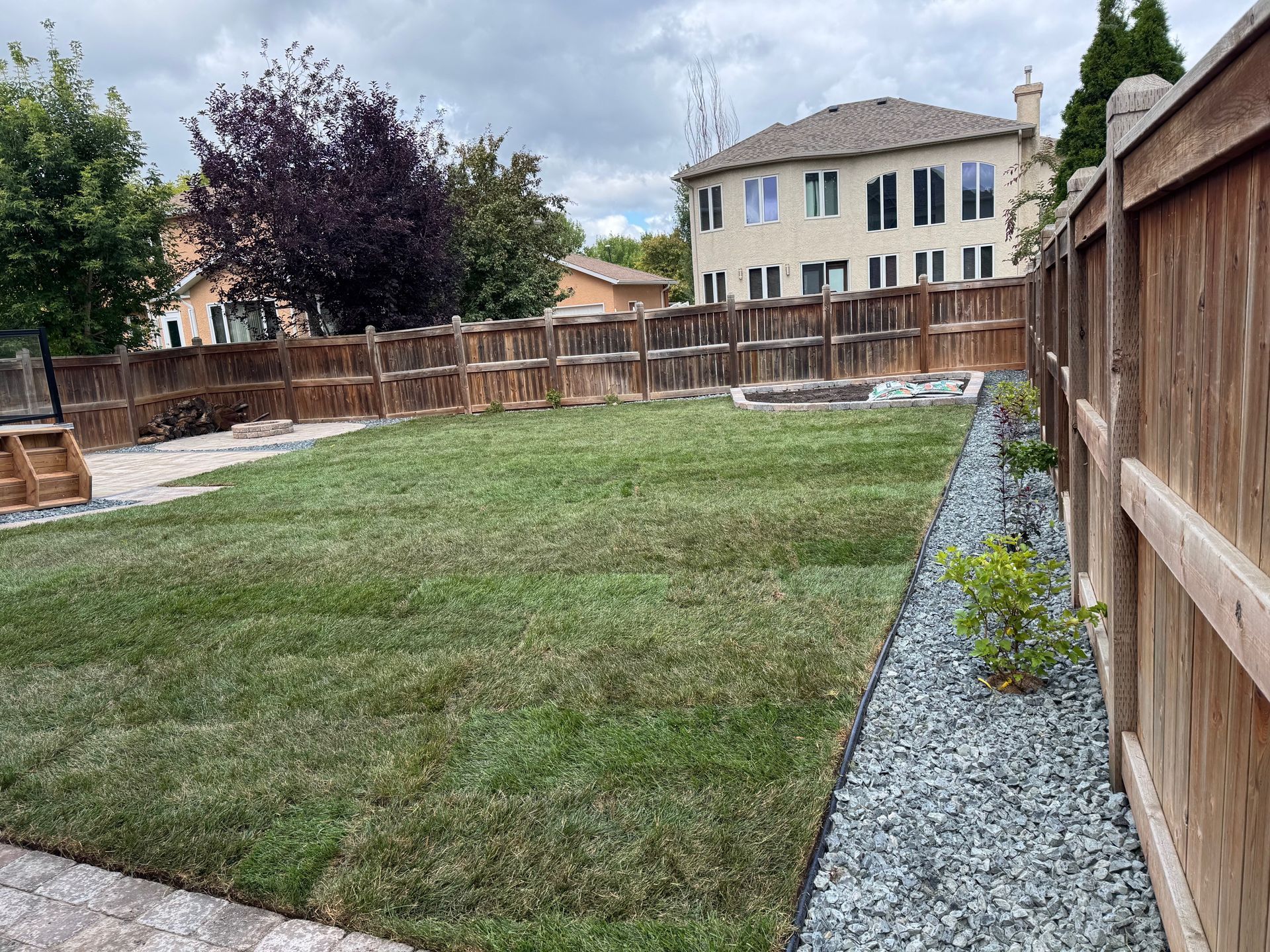 A garden bed with green plants and mulch, bordered by grey paving stones next to a lush green lawn.