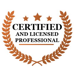 A copper-colored laurel wreath emblem with three stars above the text 