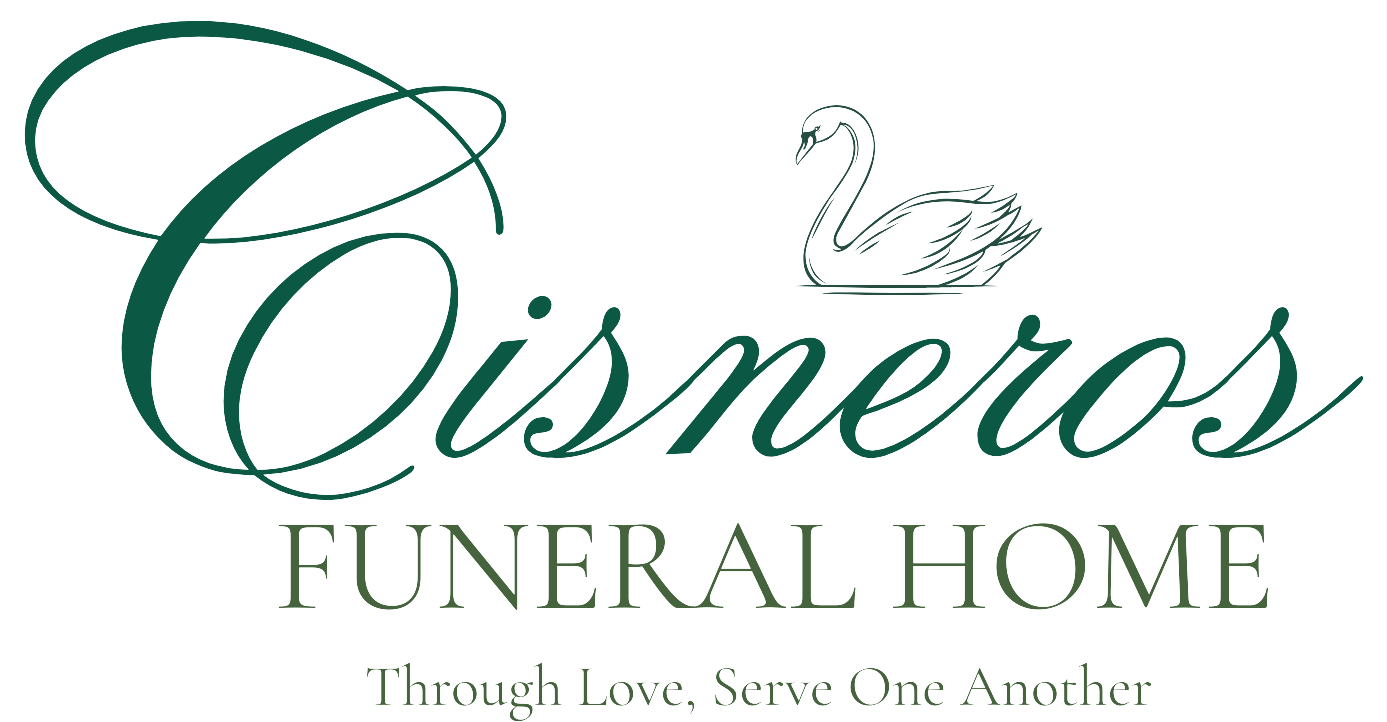 Logo for Cisneros Funeral Home, green text and swan illustration. "Through Love, Serve One Another."