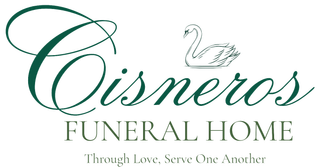 Logo for Cisneros Funeral Home, green text and swan illustration. "Through Love, Serve One Another."