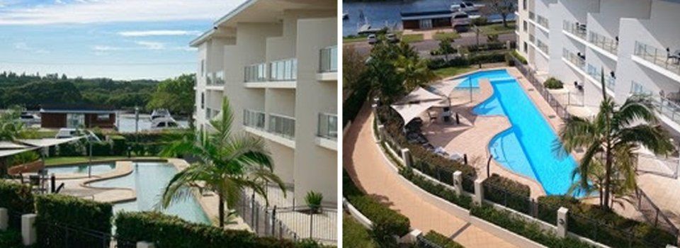 Before and after view of the resurfaced pool 