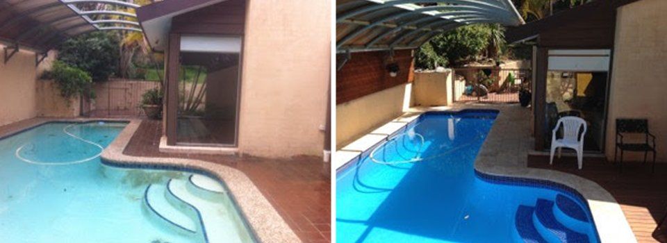 Before and after view of the renovated pool 