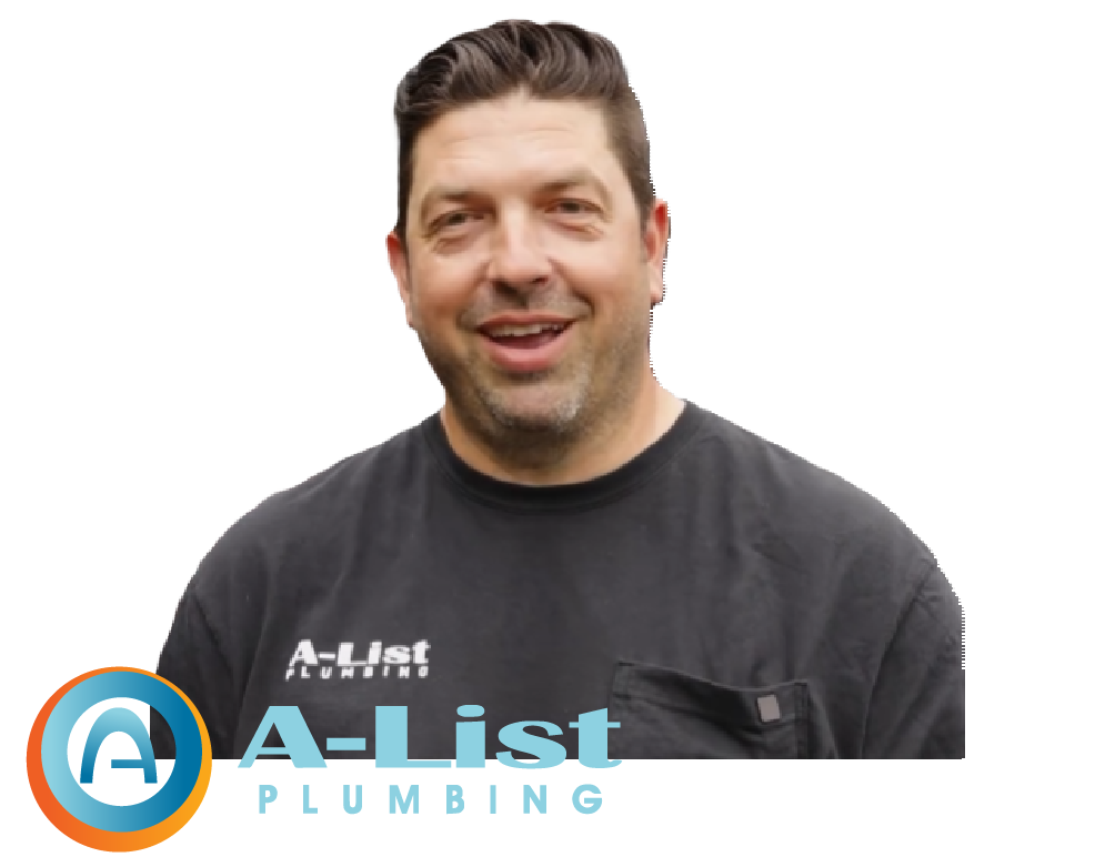 A man wearing a black shirt that says a-list plumbing