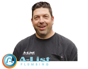 A man wearing a black shirt that says a-list plumbing