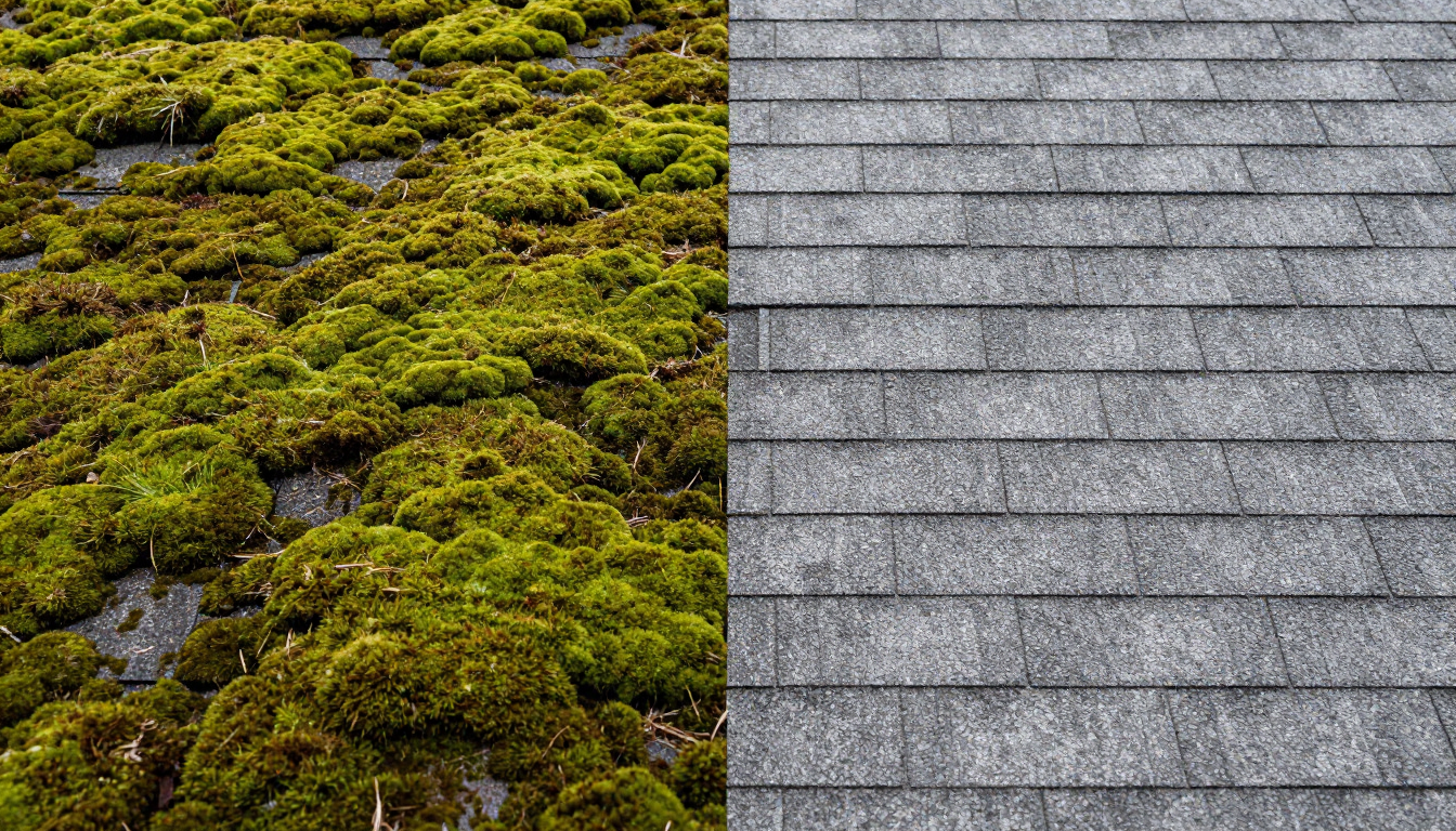 Professional roof soft washing treatment on a Maine home.