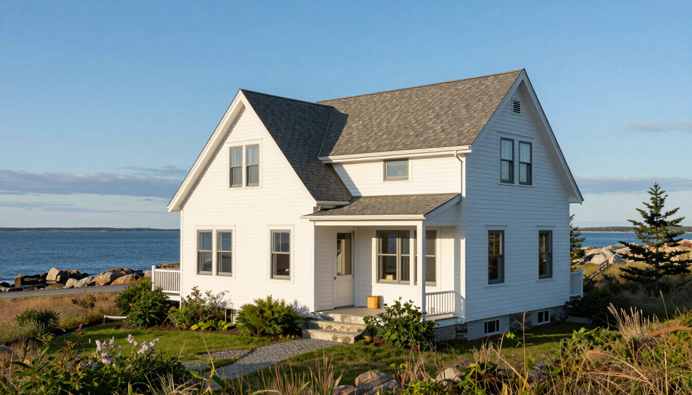 A clean coastal home in Belfast, Maine featuring pristine vinyl siding after a soft wash service.