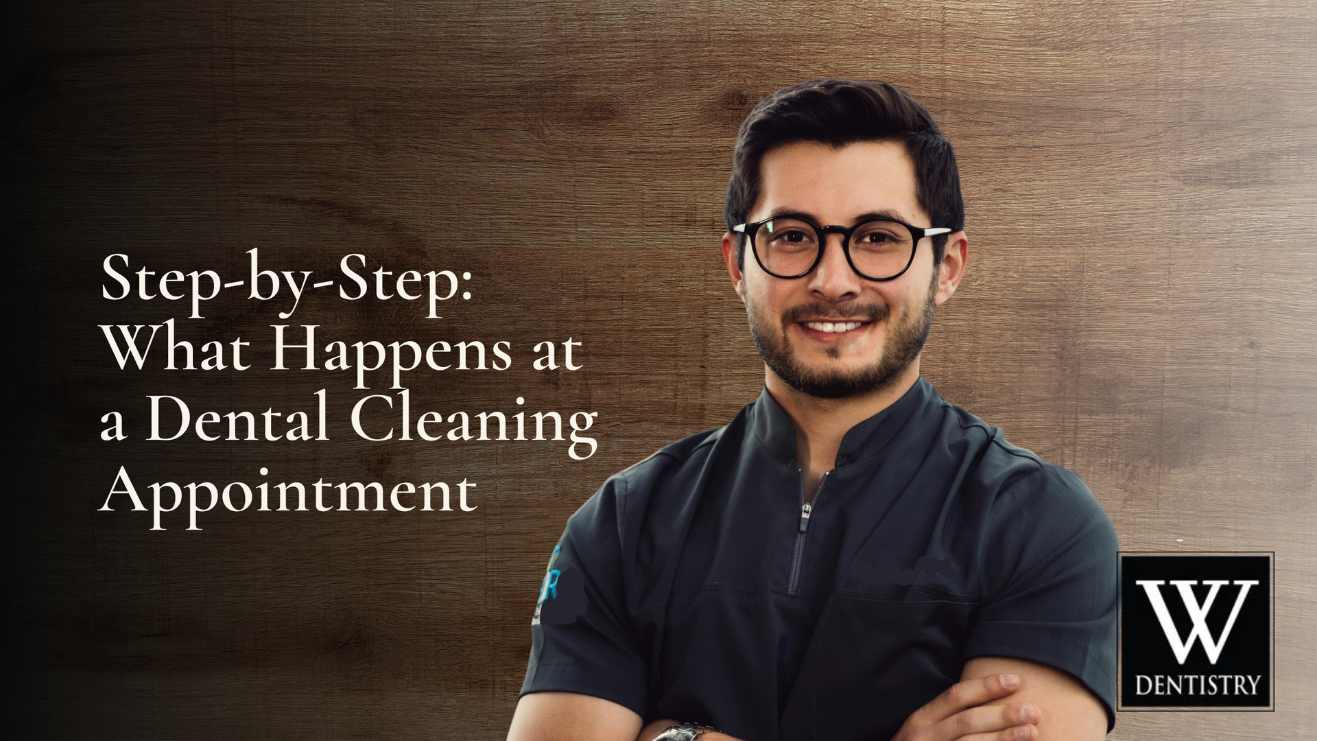 Smiling dentist with glasses and text about dental cleaning appointment.