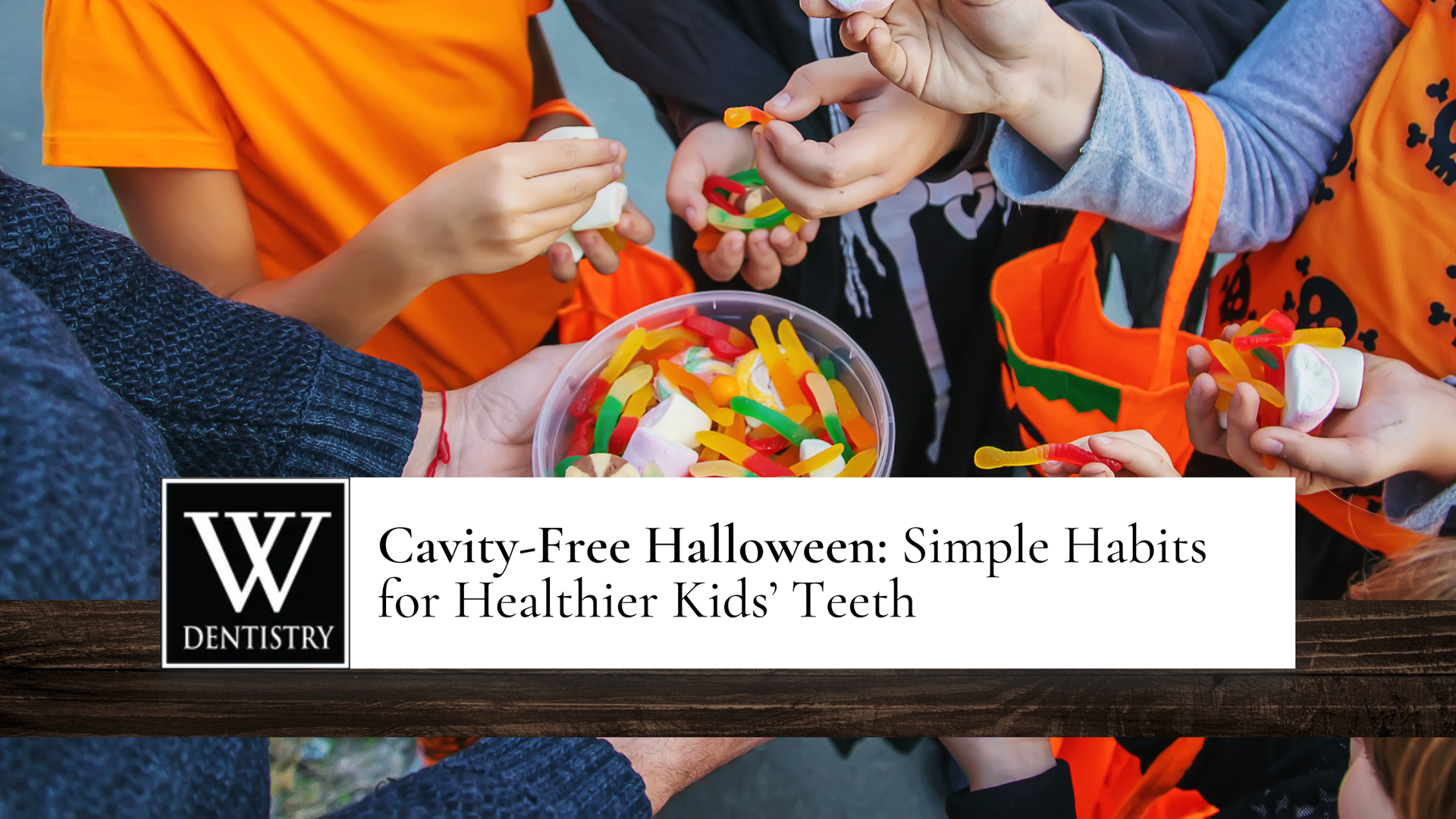 Children sharing Halloween candy, with text about cavity-free habits for healthier teeth.