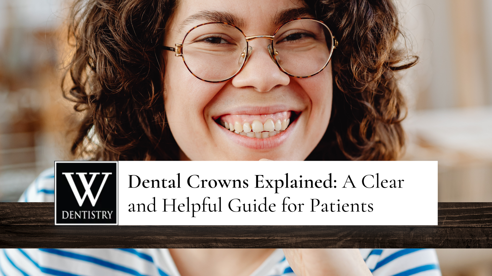 Woman smiling, wearing glasses, with teeth visible. Text: