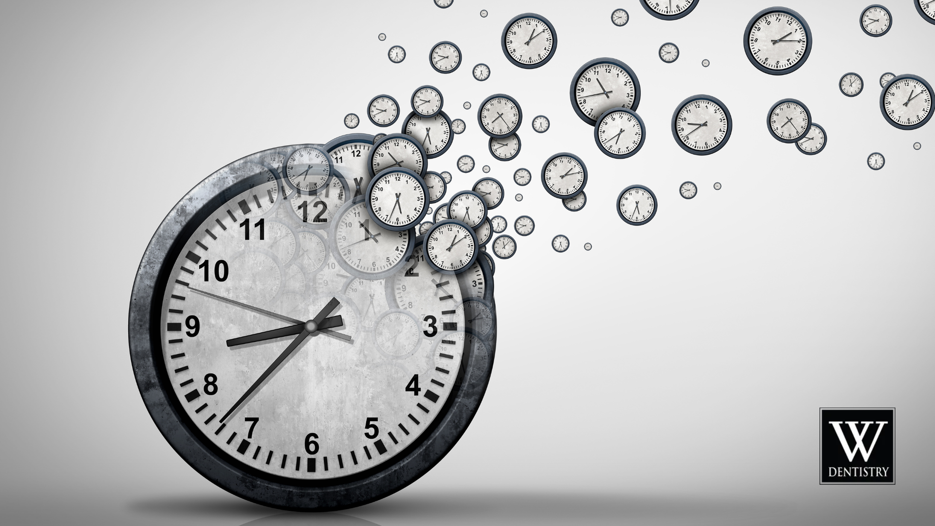 Clock face crumbling with smaller clocks dispersing; gray background.