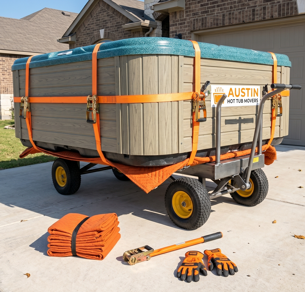 Hot tub removal process showing careful lift and safety straps used
