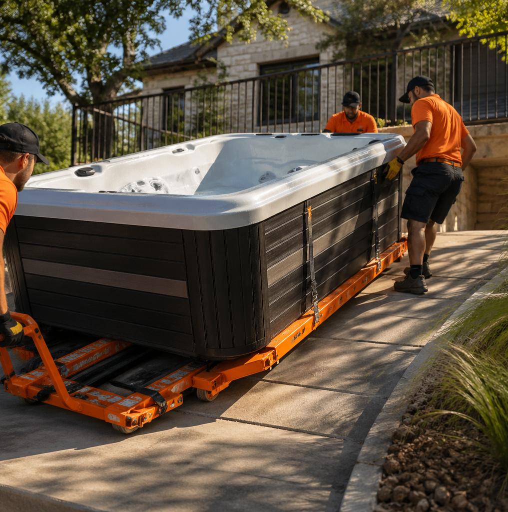 Professional spa movers posing beside branded relocation truck in Austin
