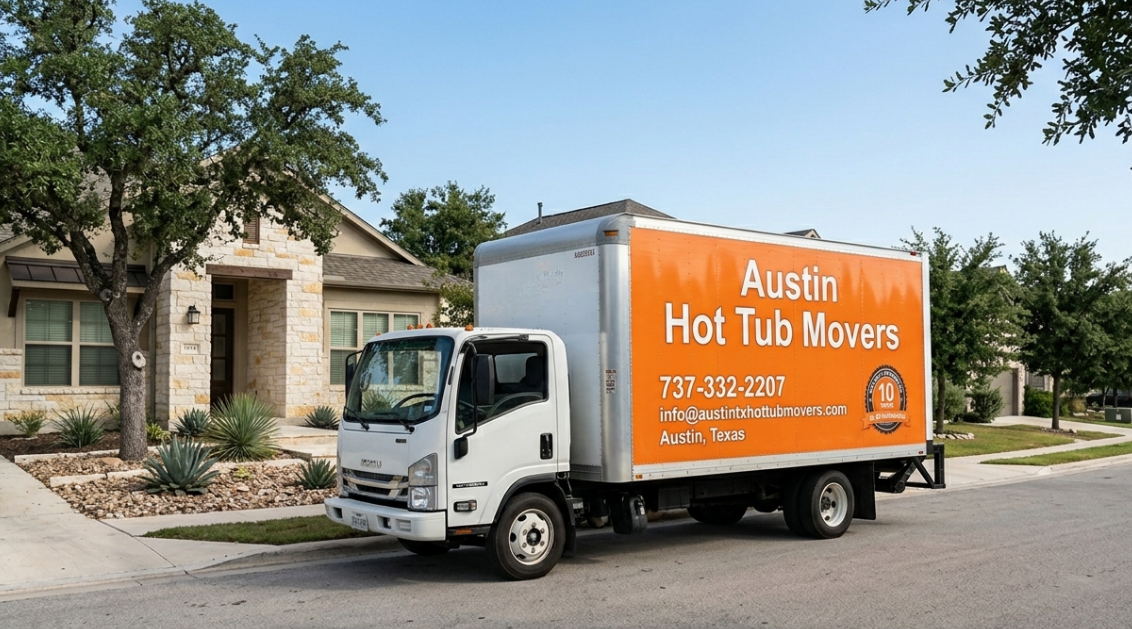 Hot tub transport service loading spa onto specialized moving equipment
