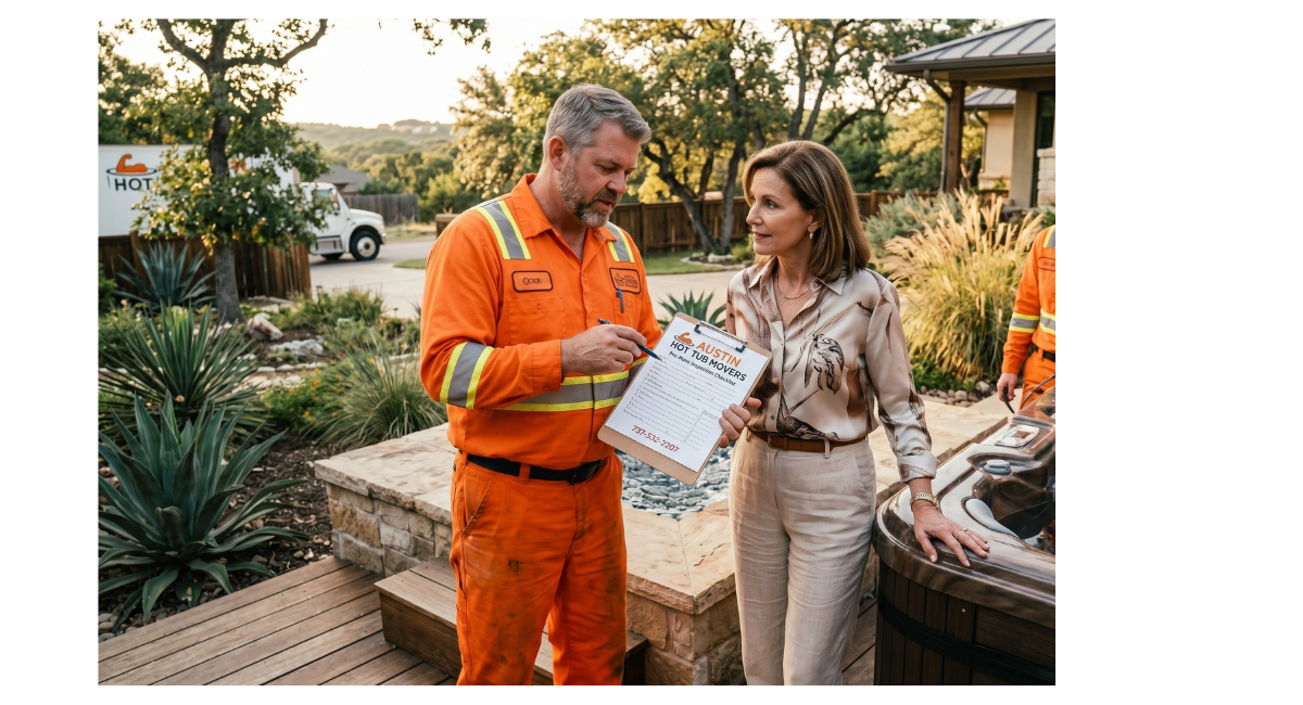 Homeowner meeting spa movers before scheduled hot tub transport service
