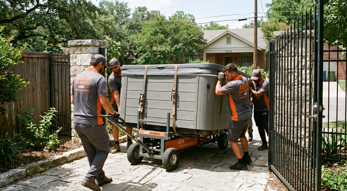 Crew moving hot tub across backyard patio using heavy duty spa dolly