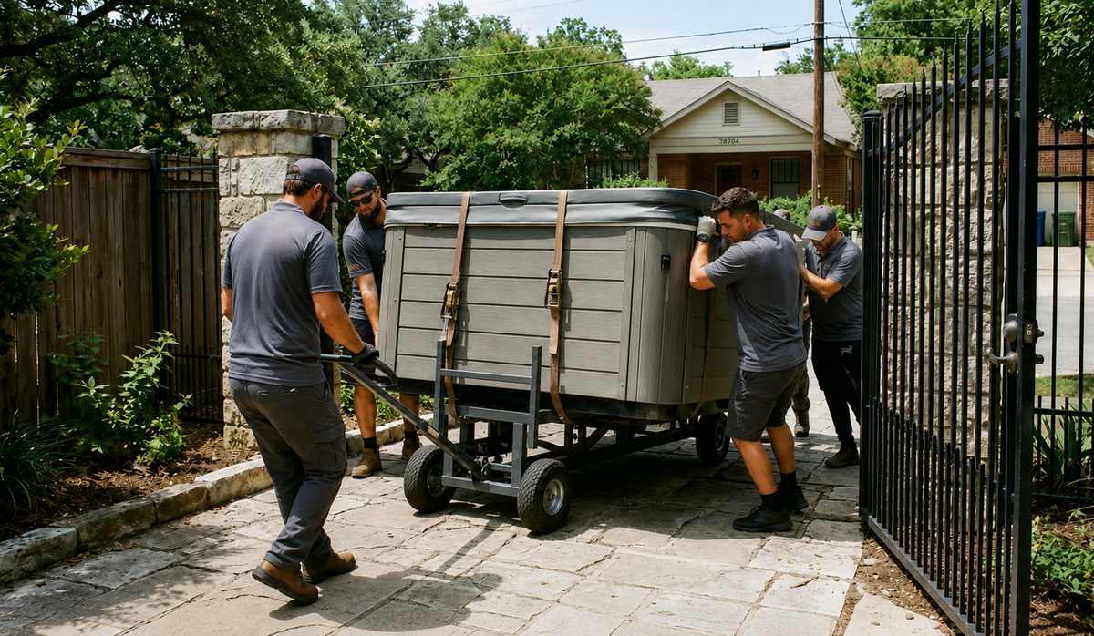 Austin backyard project with crew planning spa relocation route
