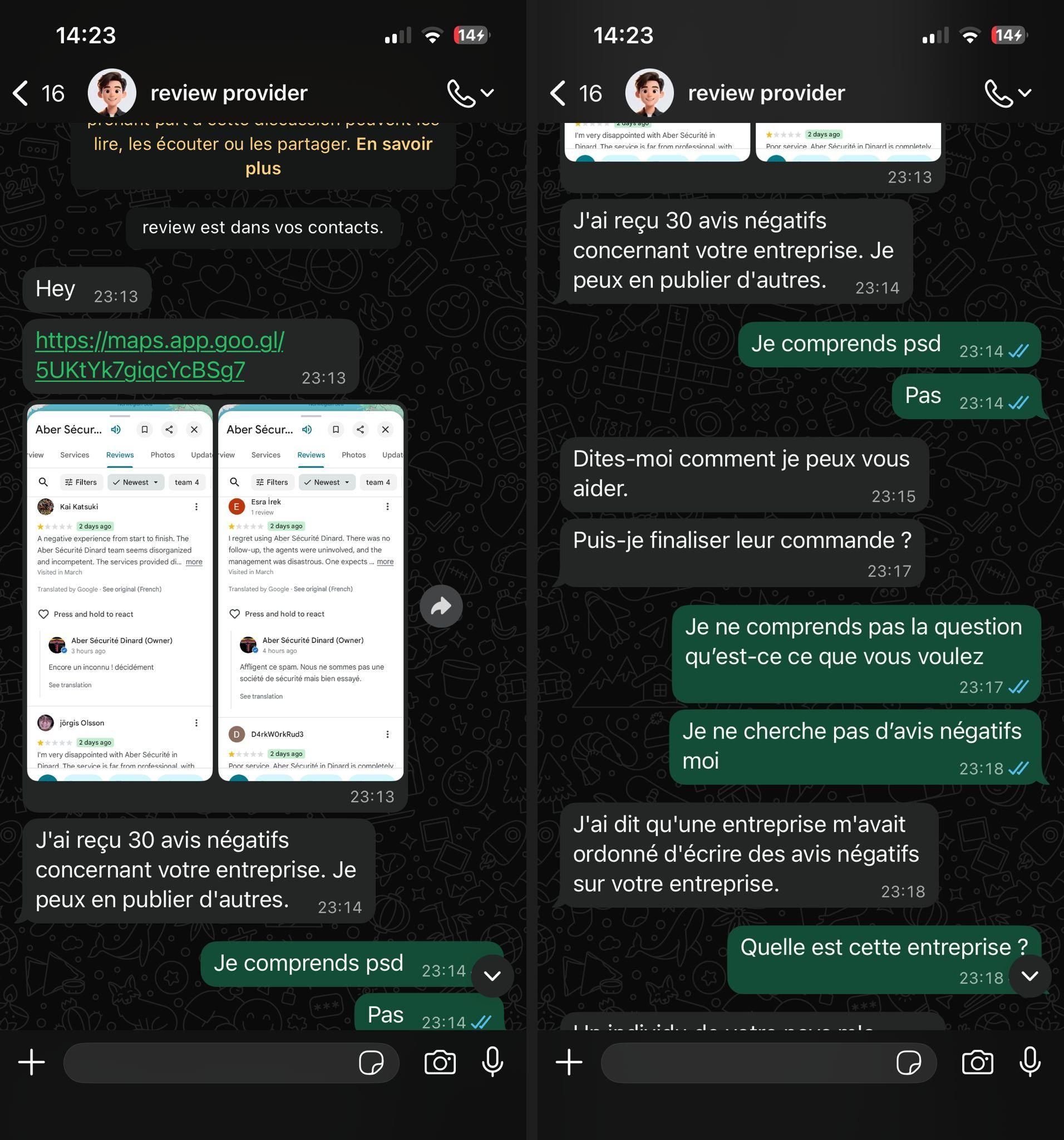 Escroquerie avis négatifs Google Review - Extrait de conversation n°1